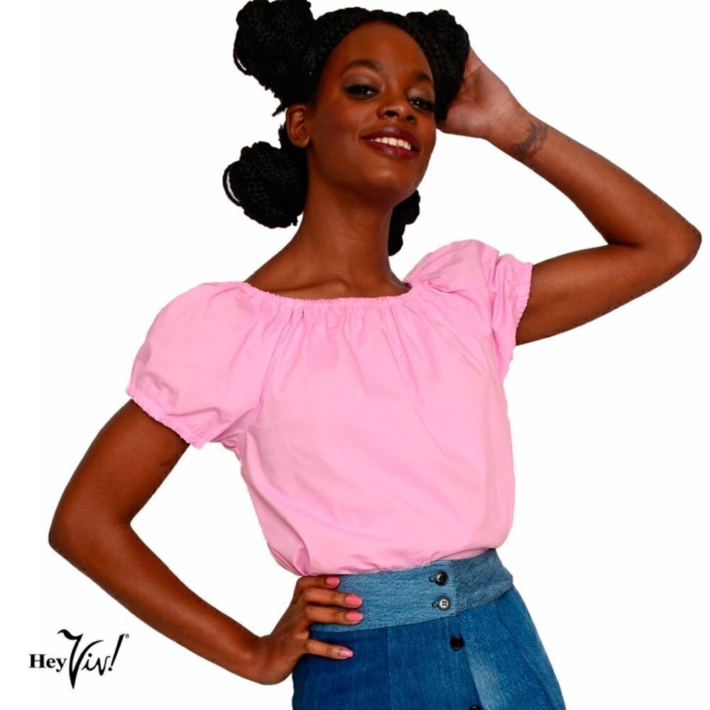 Pink Peasant Blouse w Puff Sleeve Wear On or Off Shoulder Size S/M - Hey Viv